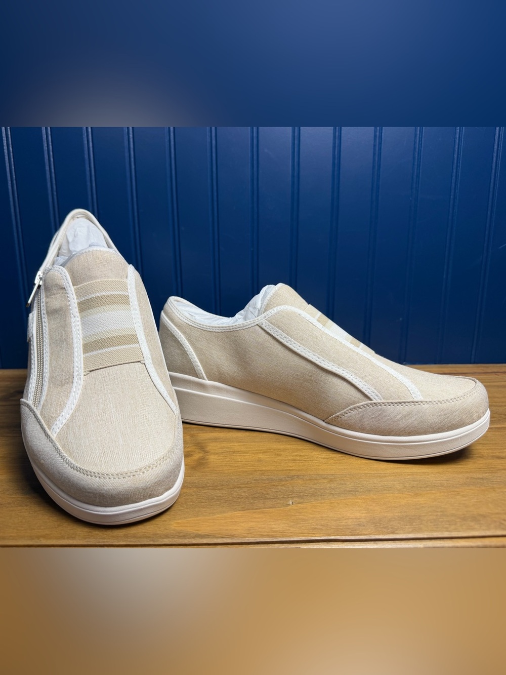 Ryka Lounge Zip Natural Tan Slip On Wedge Shoes Women’s 11 Wide NIB
